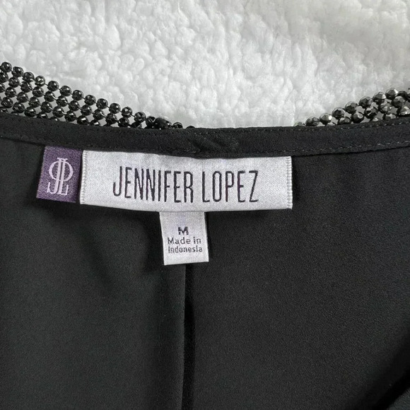 NWT Jennifer Lopez Womens M Black Sheer Blouse Rhinestone Details Bishop Sleeves - Picture 6 of 14